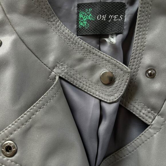 OH YES Gray Faux Leather Moto Jacket Asymmetrical Zip Multiple Pockets - Picture 5 of 8